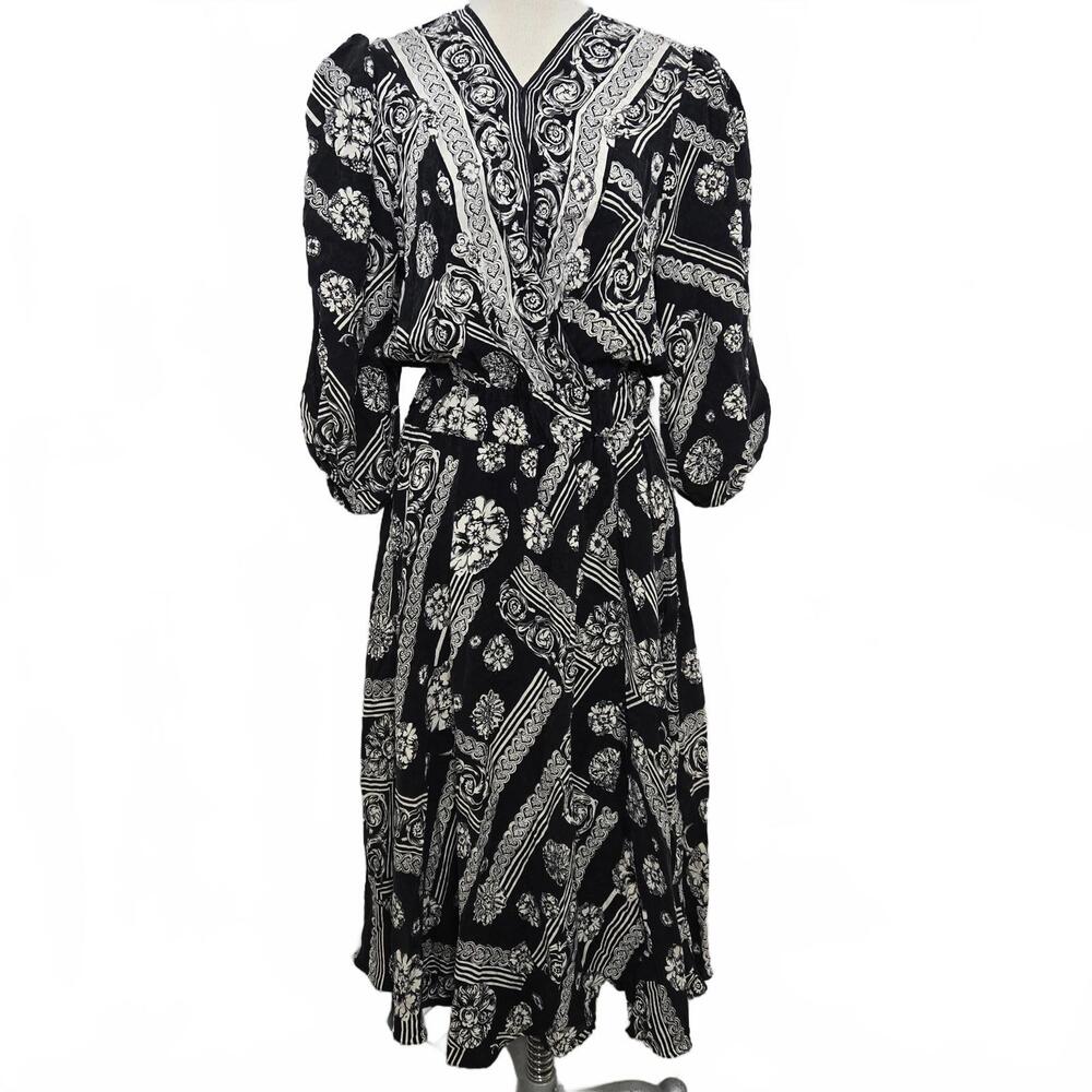 Vintage Diane Freis Silk Dress Medium Black White Faux Wrap Elastic Waist Midi